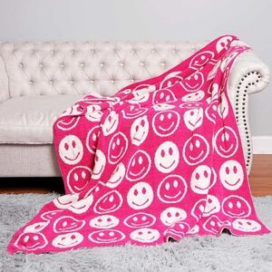 Fuchsia Pink White Smiley Face Happy Patterned Blanket Design Reversible Throw